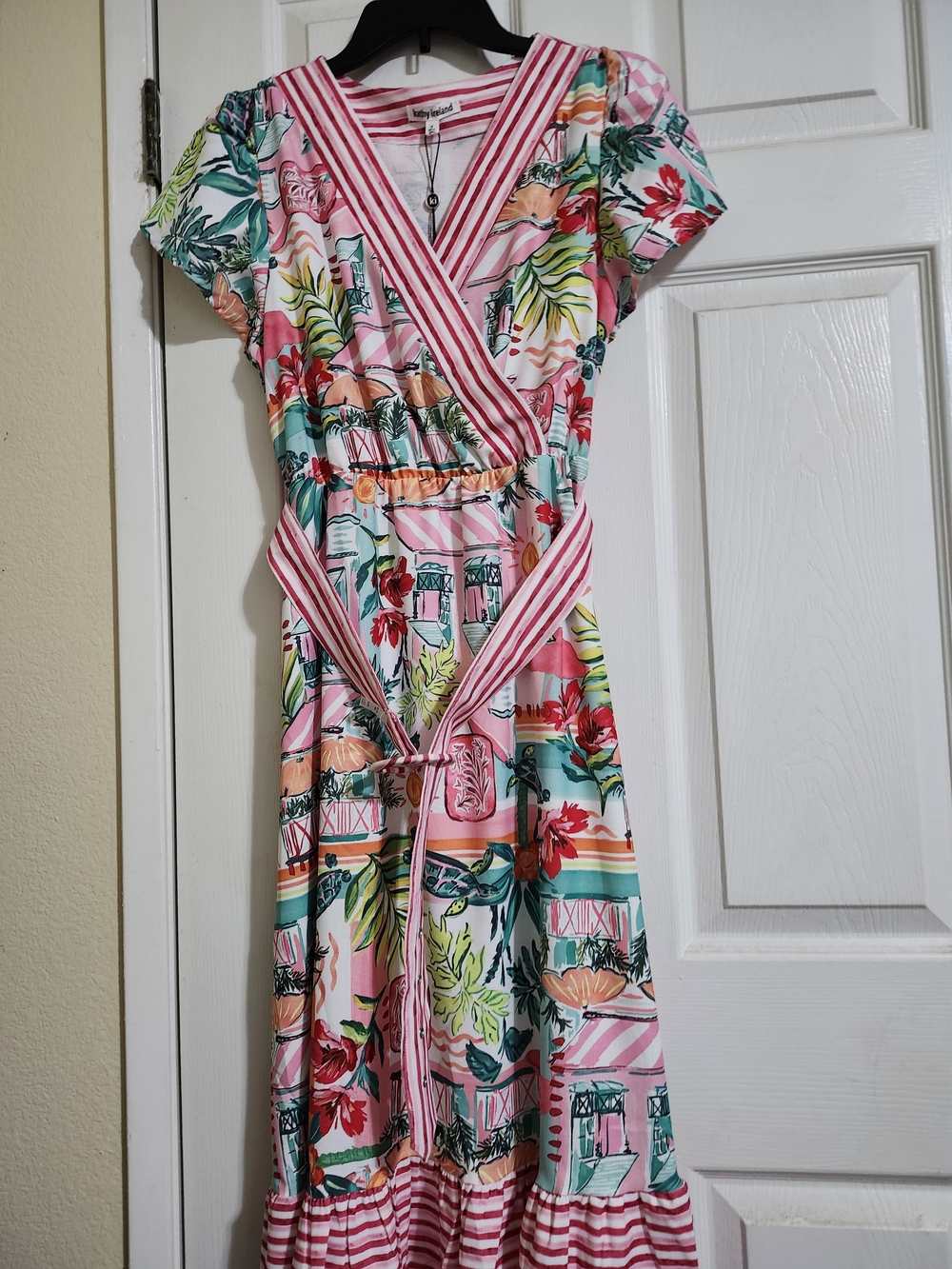 kathy ireland Pink Tropical Stripe Wrap Midi Dress